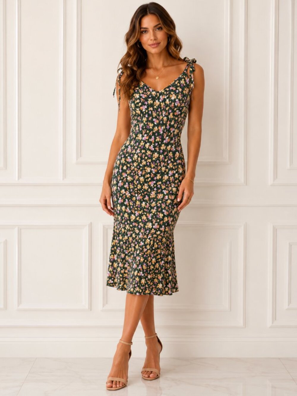 XS "Audrey" Green Floral Tie Strap Dress
